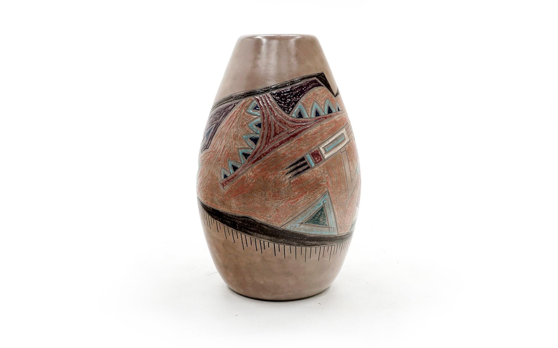 Large vase or floor vase designed by Marc Bellaire late in his career. Signed Bellair, 1991. Native American or American Indian design.