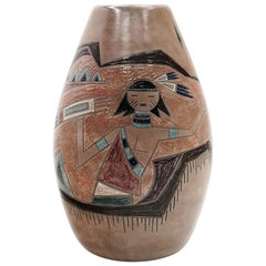 Ceramic Large or Floor Vase by Marc Bellaire, Native American Motif, Signed