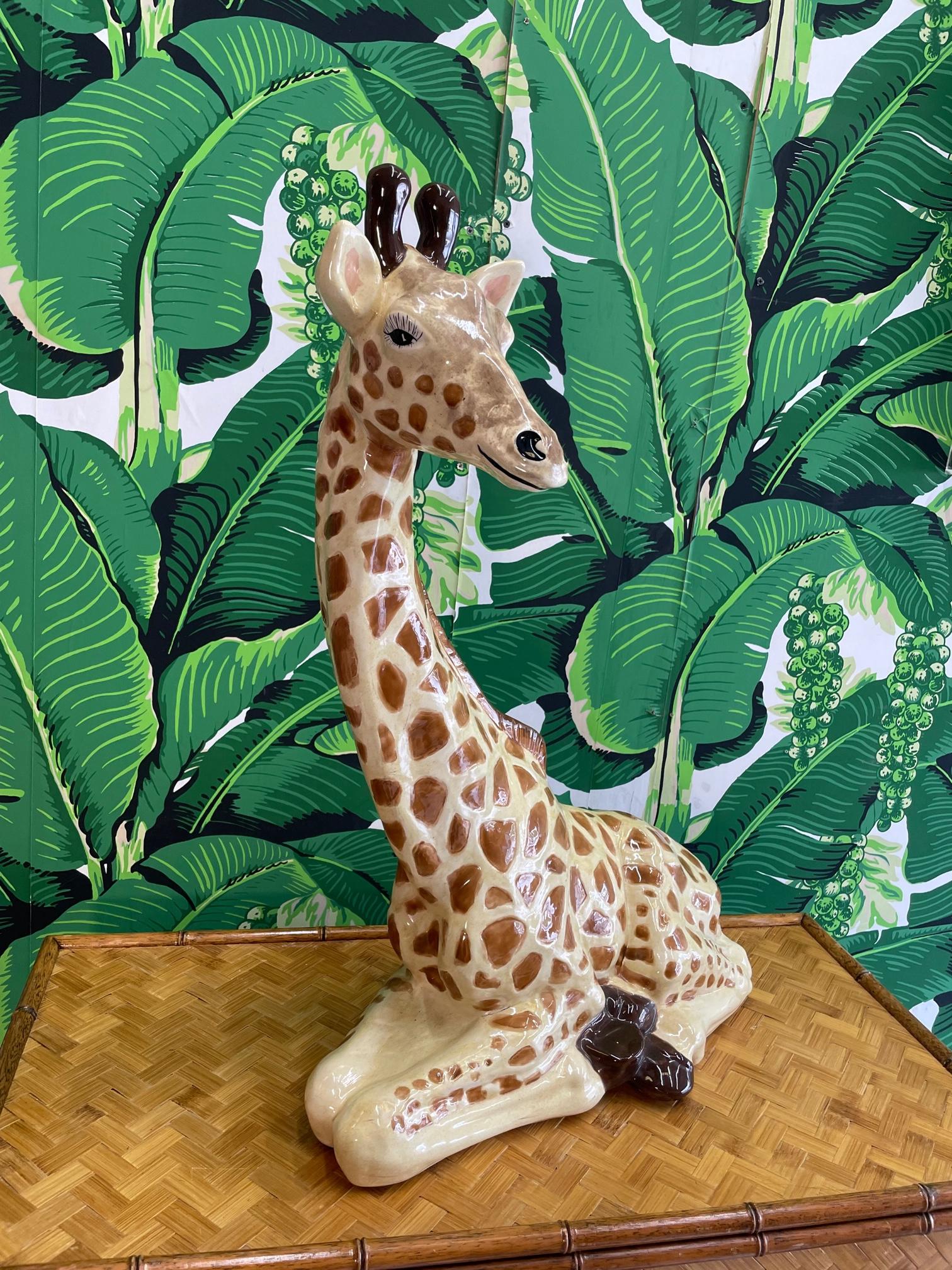 Large ceramic giraffe sculpture features a beautiful hand painted finish and a rich glaze. Good condition with minor imperfections consistent with age, see photos for condition details.
For a shipping quote to your exact zip code, please message us.
