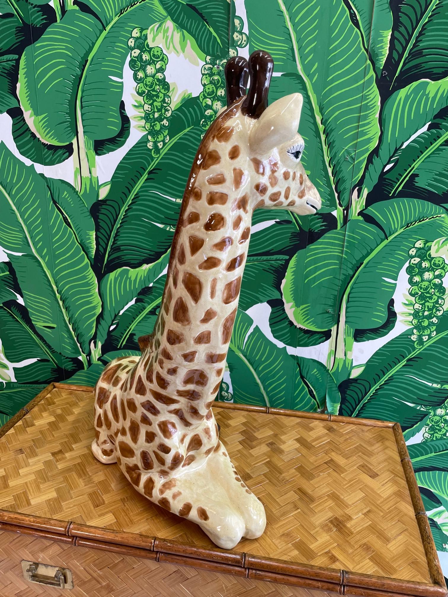 Hollywood Regency Ceramic Large Sitting Giraffe Statue For Sale