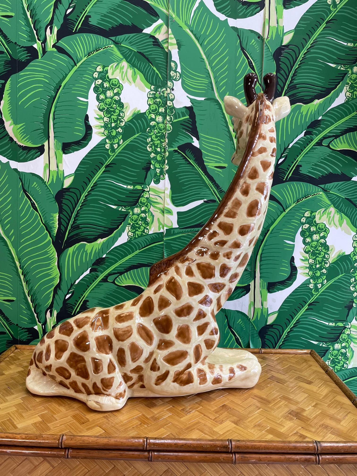 Late 20th Century Ceramic Large Sitting Giraffe Statue For Sale
