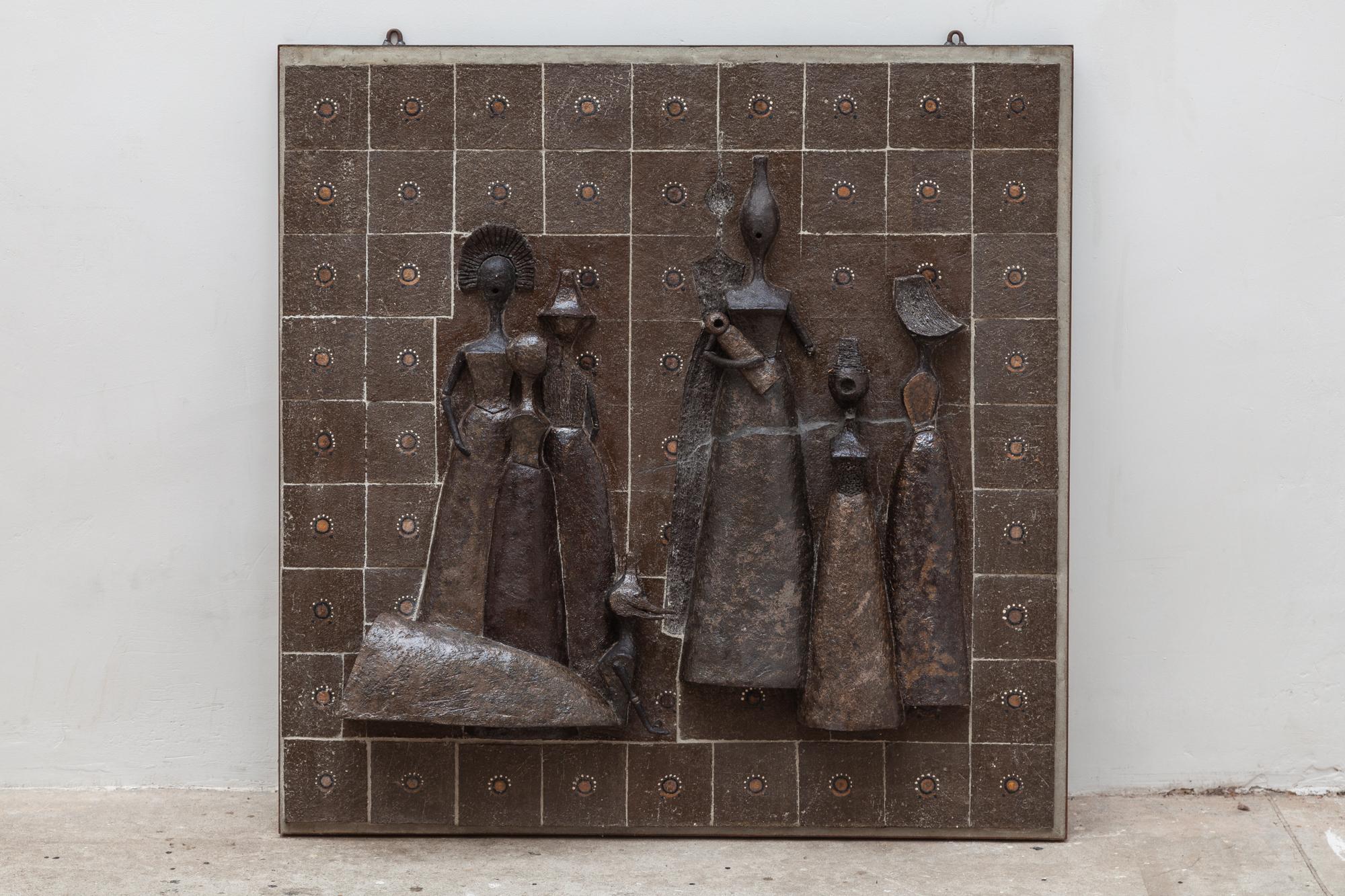Impressive piece unique wall sculpture made in ceramic by hand formed in a local studio in Belgium in the mid sixties by an unknown artist.
Depicted is a group of women in special fashion costumes with children. Made of clay and glazed in earth