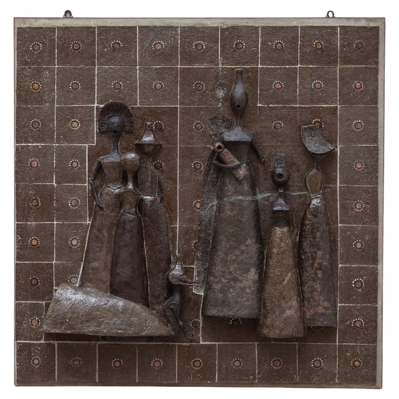 Ceramic Large Tile Wall Mounted Sculpture Group of Women, Belgium 1960s For Sale