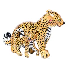 Ceramic Leopard And Baby Sculpture, hand made in South Africa