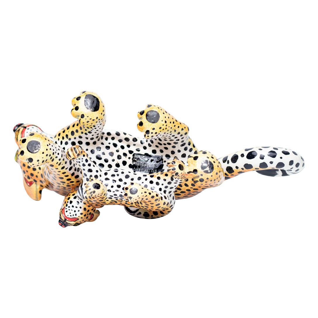 Modern Ceramic Leopard And Baby Sculpture, hand made in South Africa For Sale