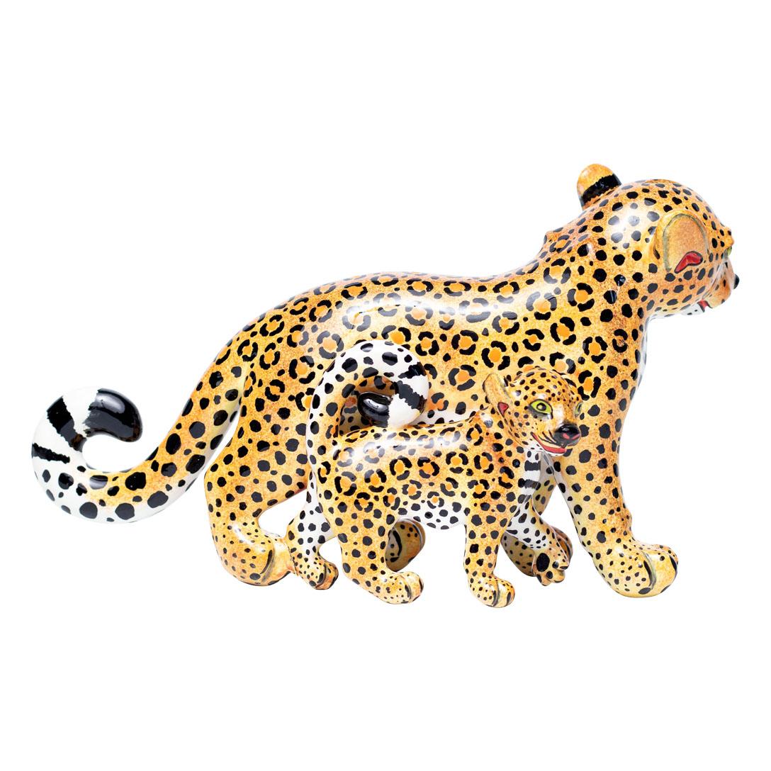 South African Ceramic Leopard And Baby Sculpture, hand made in South Africa For Sale