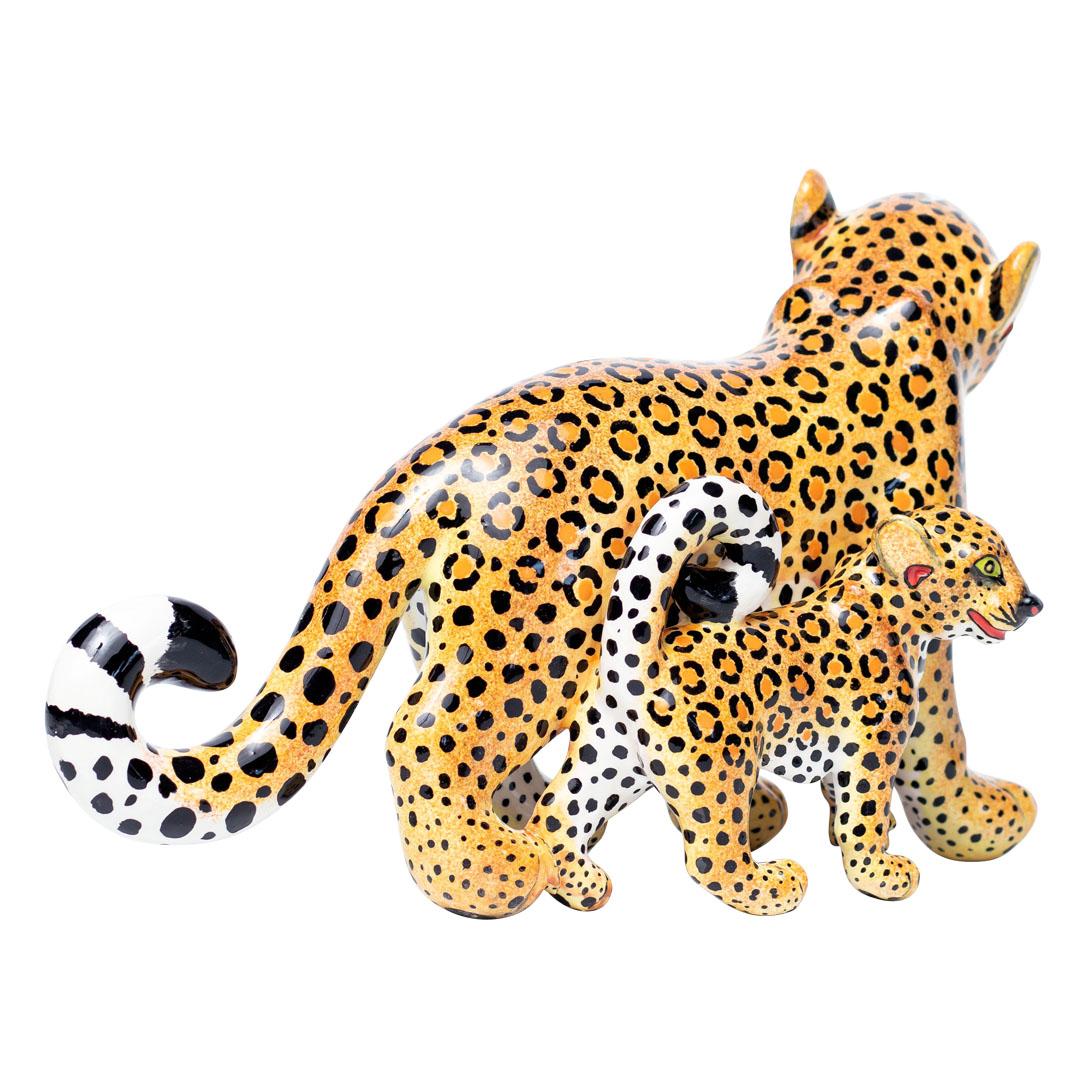 Fired Ceramic Leopard And Baby Sculpture, hand made in South Africa For Sale