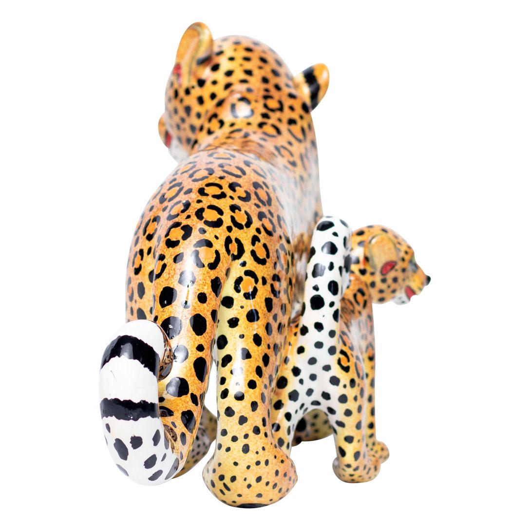 Ceramic Leopard And Baby Sculpture, hand made in South Africa In Excellent Condition For Sale In North Miami, FL