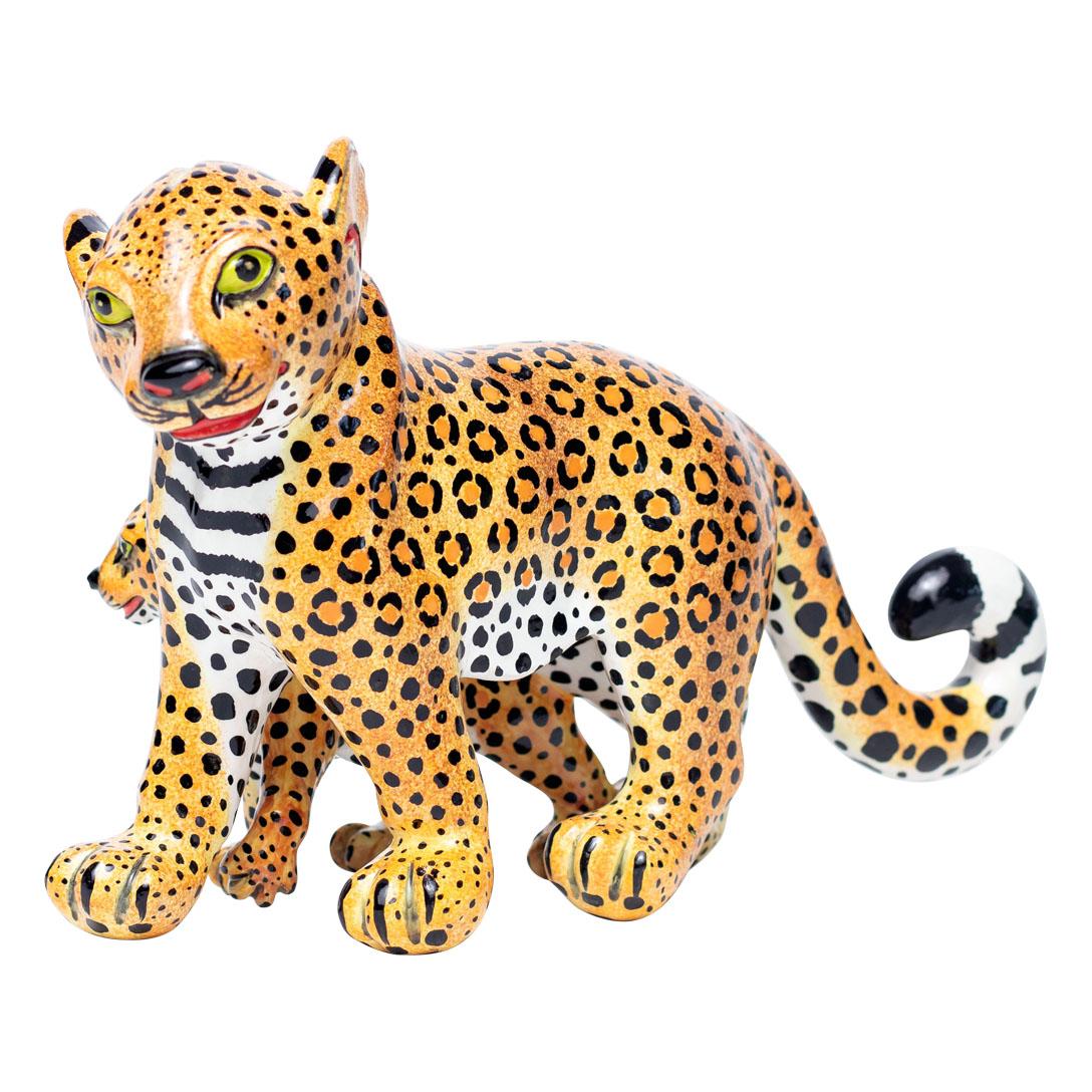 Ceramic Leopard And Baby Sculpture, hand made in South Africa For Sale 2
