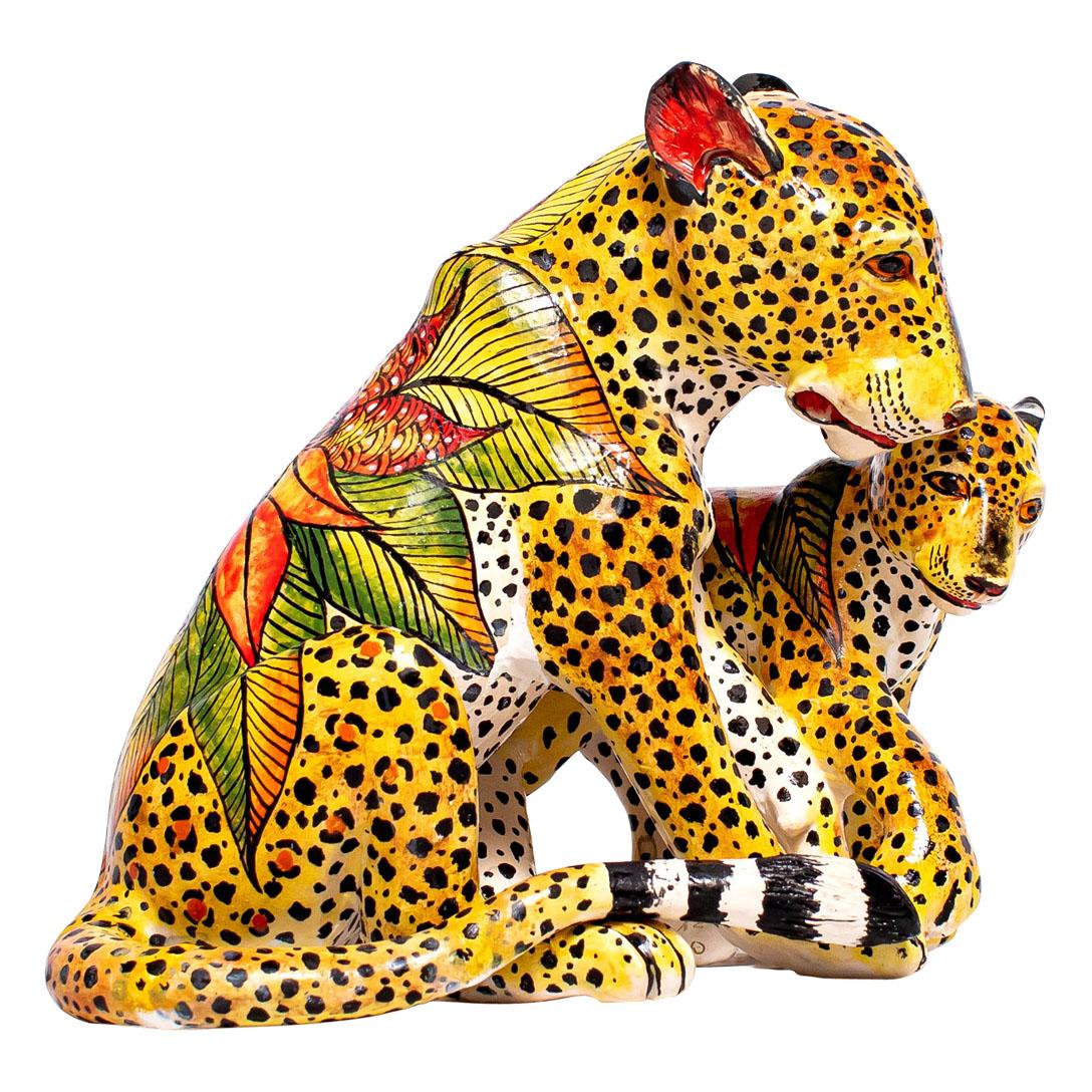 Cerámica  Leopardo y cachorro  Escultura , Hand Made en Sudáfrica Moderno