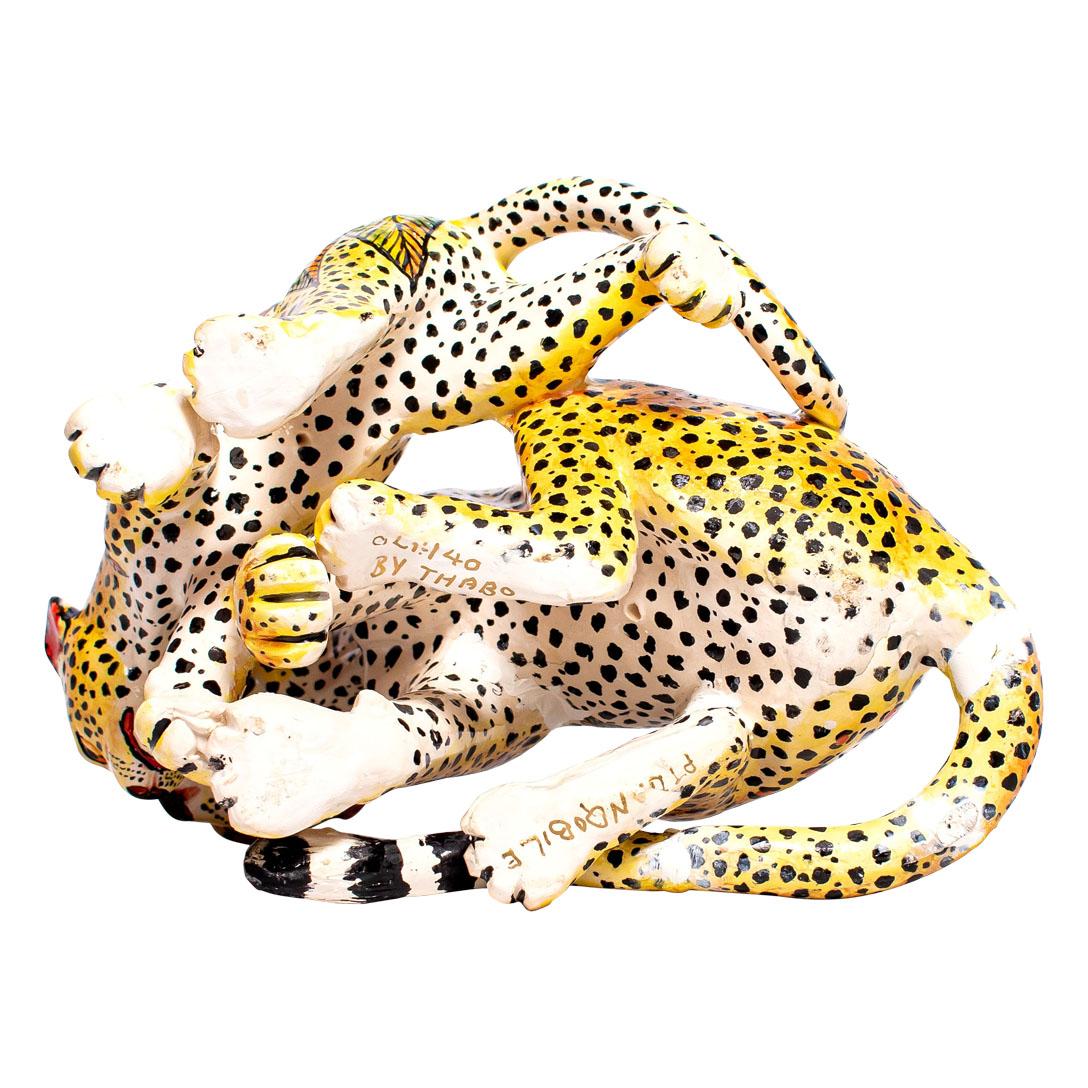 Cerámica  Leopardo y cachorro  Escultura , Hand Made en Sudáfrica Sudafricano