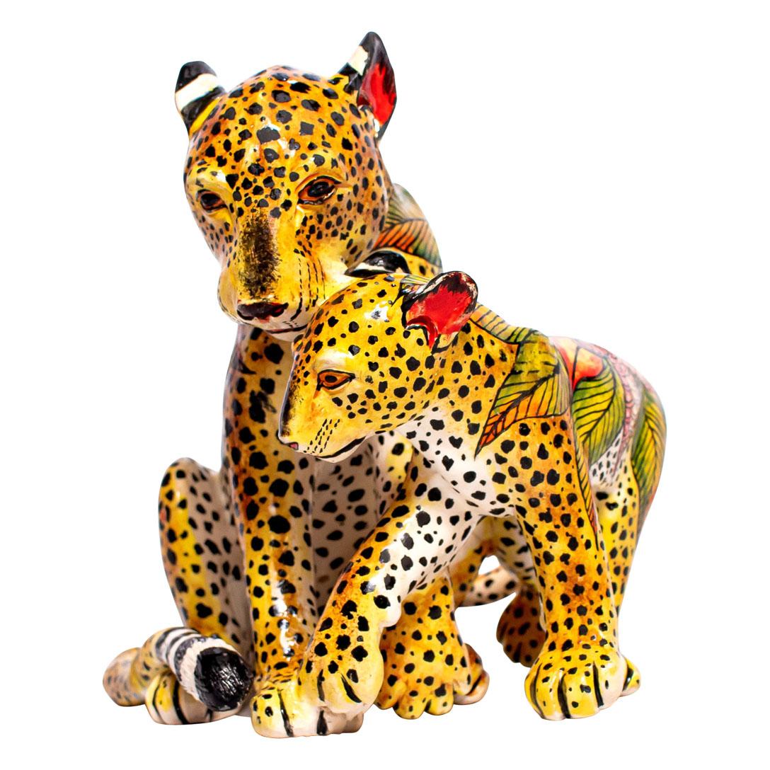 Cerámica  Leopardo y cachorro  Escultura , Hand Made en Sudáfrica Al fuego