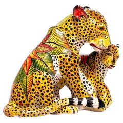 Ceramic  Leopard And Cub  Sculpture , hand made in South Africa