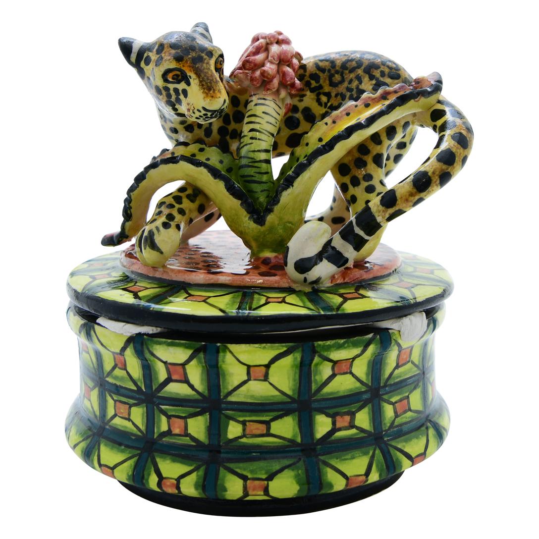 South African Ceramic  Leopard Jewelry  Box  , hand made in South Africa For Sale