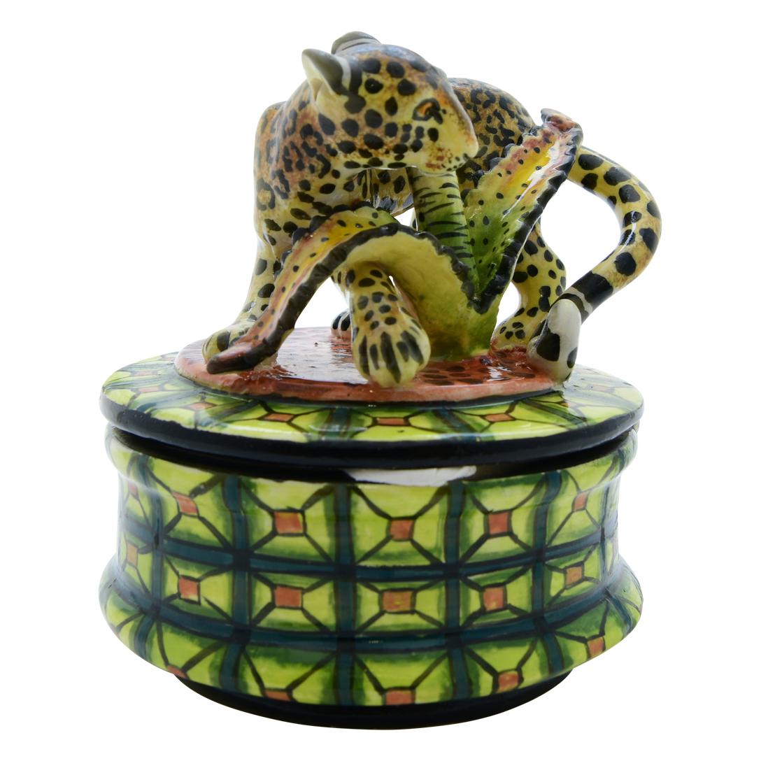 Fired Ceramic  Leopard Jewelry  Box  , hand made in South Africa For Sale