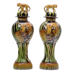 Ceramic Leopard Urn Pair , hand made in South Africa