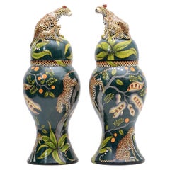 Ceramic Leopard Urn Pair, hand made in South Africa