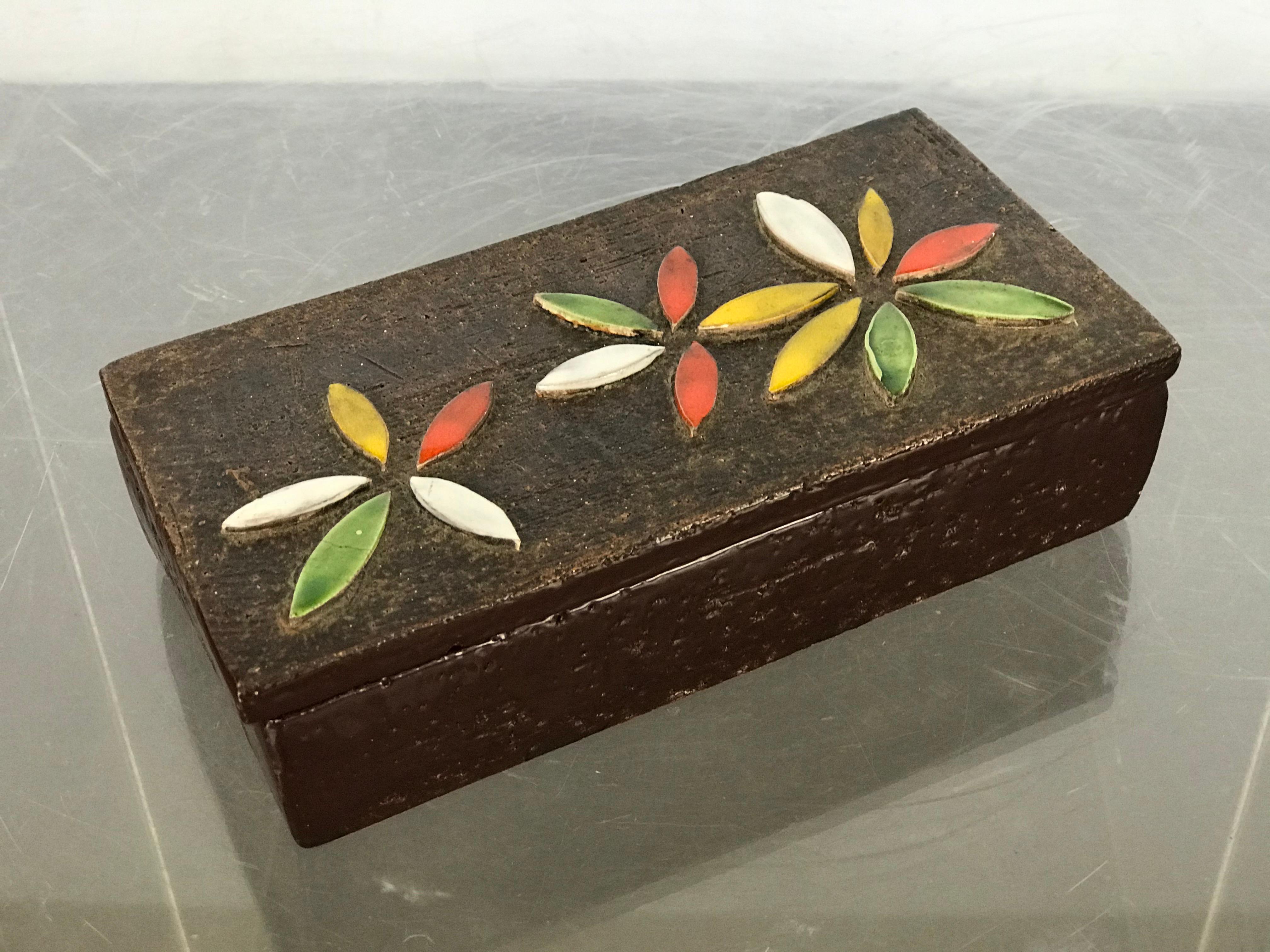 Italian Mid Century Modern Ceramic Lidded Box with Floral Relief by Bitossi for Raymor