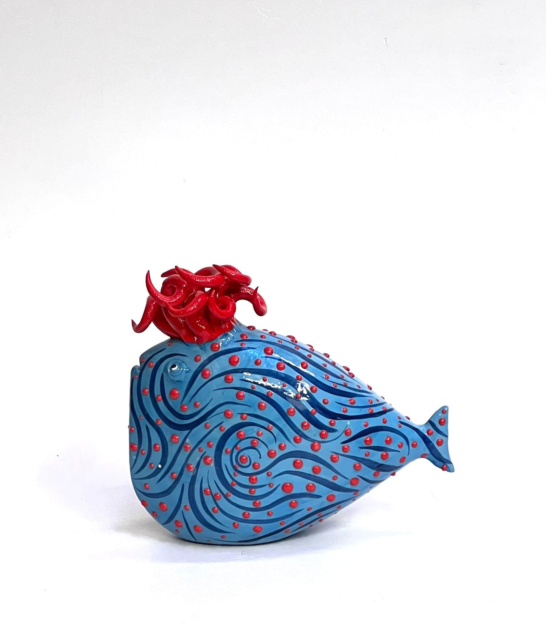 Hand-Crafted Ceramic Light Blue Fish Handmade in Italy, Choose Your Style! New Creation 2023 For Sale