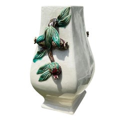 Ceramic Light Gray Vase with Maroon Floral Fig Handles and Green Leaves