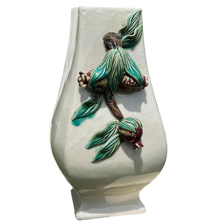 Chinoiserie Ceramic Light Gray Vase with Maroon Floral Fig Handles and Green Leaves For Sale