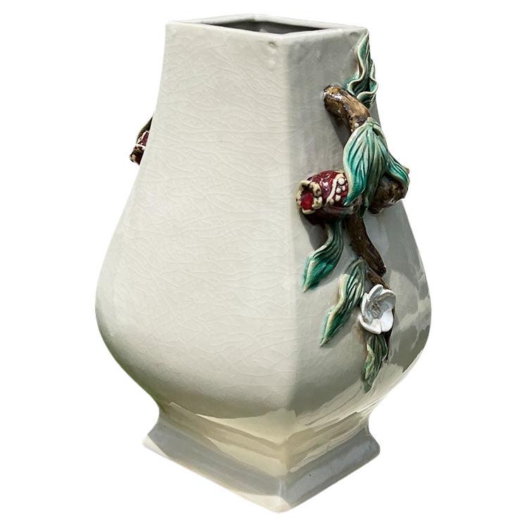 Ceramic Light Gray Vase with Maroon Floral Fig Handles and Green Leaves For Sale