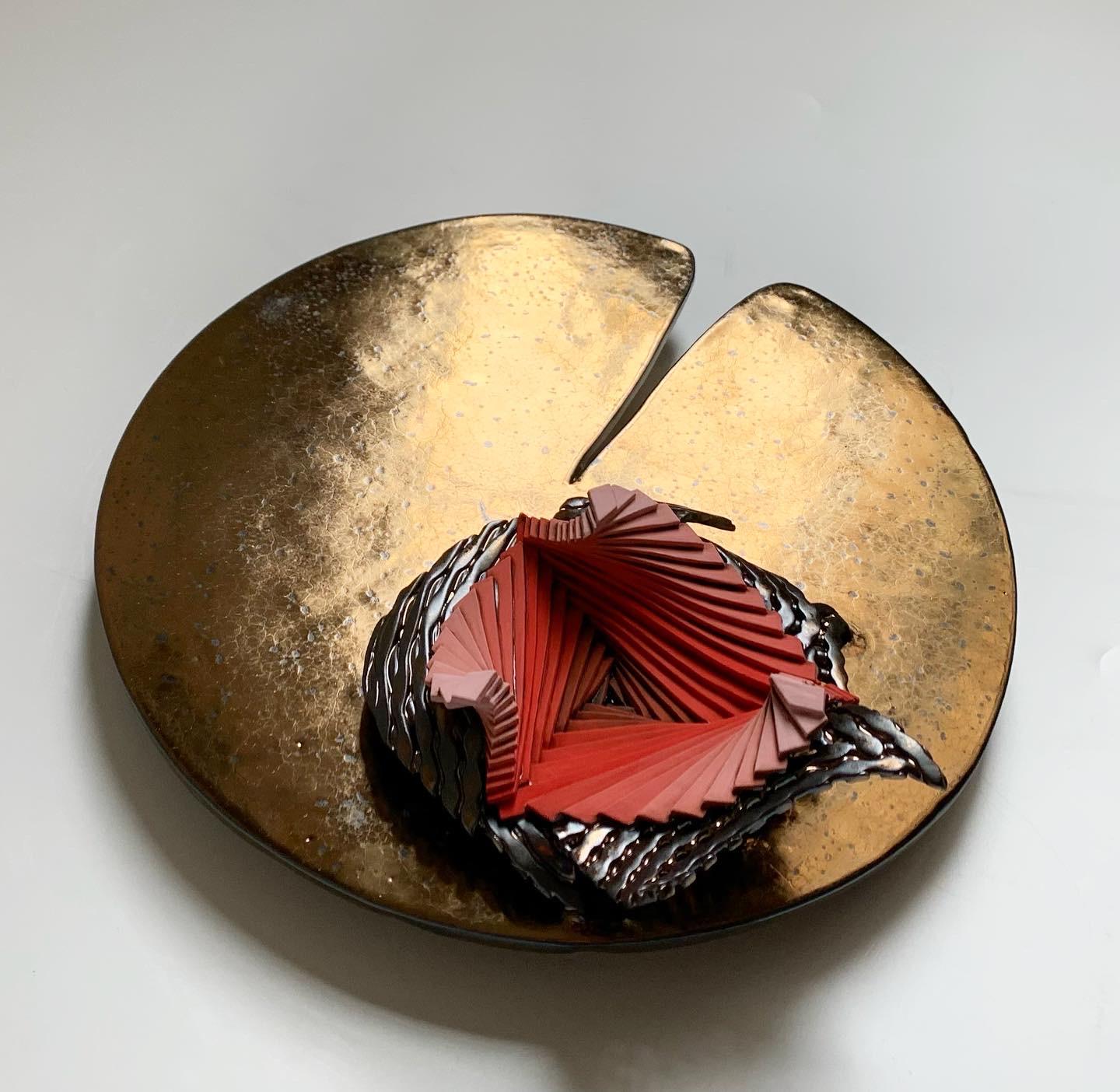 Hand-Crafted Ceramic Lily Pad with Abstract Flower Glazed in Gold Metallic For Sale