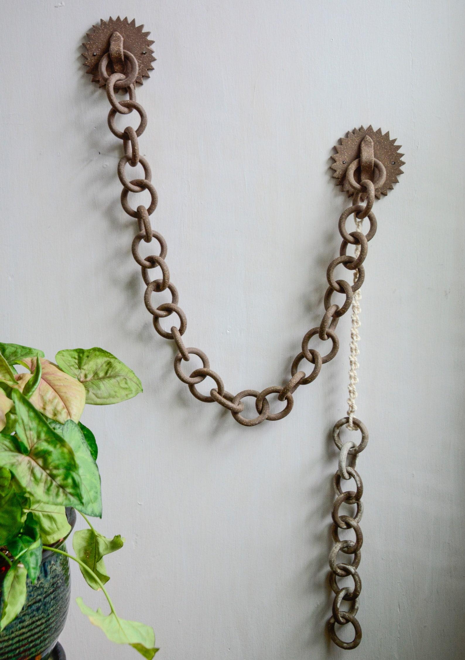 American Ceramic Link Chain and Macramé Wall Sculpture For Sale