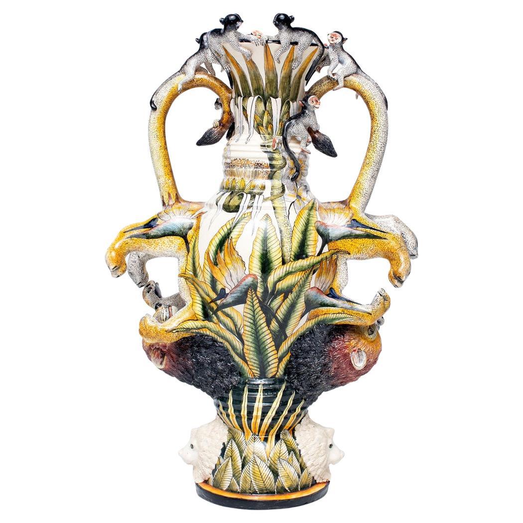 Ceramic Lion Vase Double Handle  , hand made in South Africa