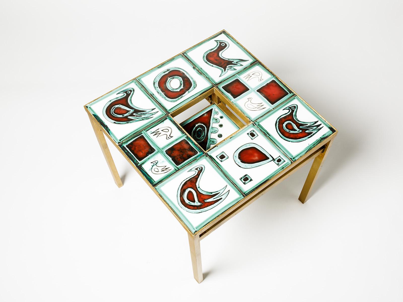 French Ceramic Low Coffee Table with Golden Brass Feet circa 1970 attributed Poet Laval