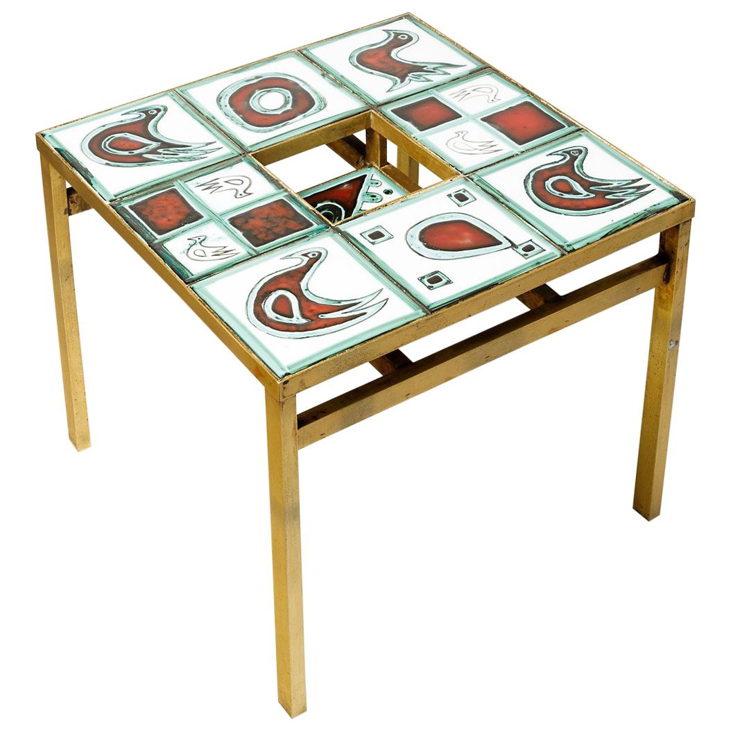 Ceramic Low Coffee Table with Golden Brass Feet circa 1970 attributed Poet Laval
