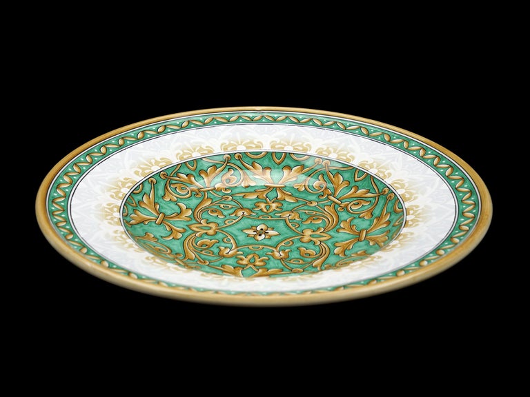 Ceramic Plate Centerpiece, Tray Decorated Bowl, Wall Dish Majolica Aquamarine, In Stock For Sale