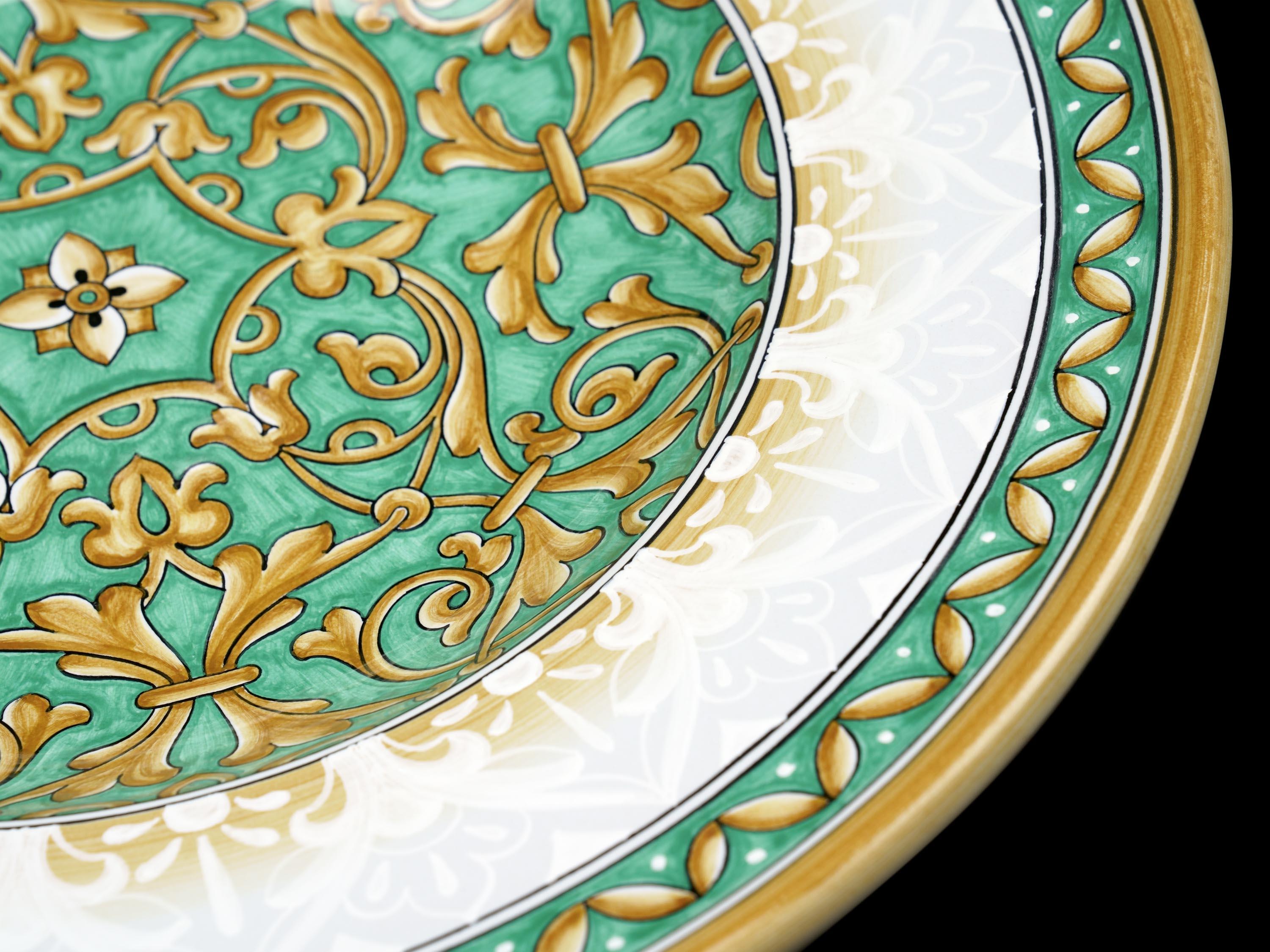 Italian Plate Centerpiece, Tray Decorated Bowl, Wall Dish Majolica Aquamarine, In Stock For Sale