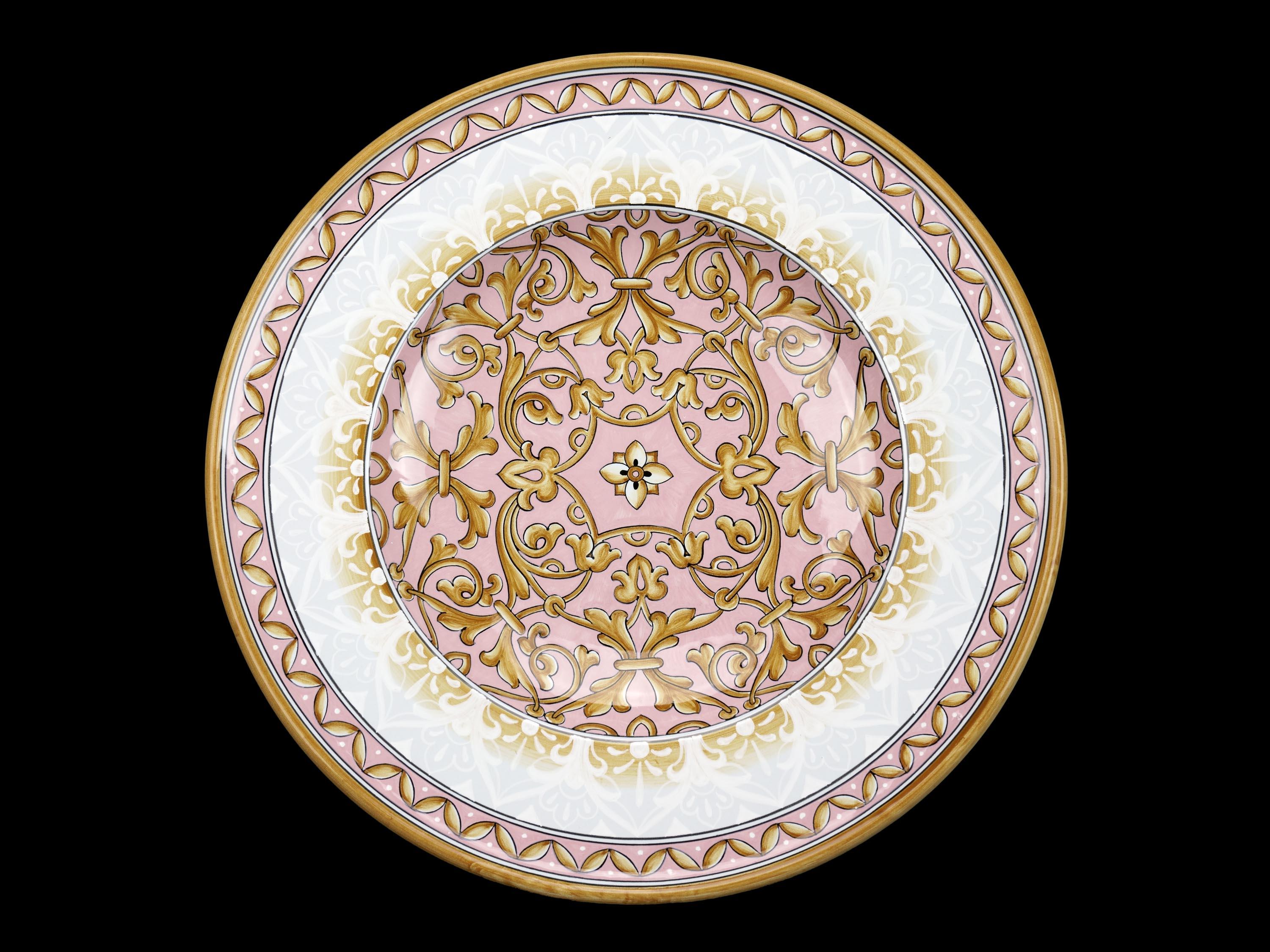 Large pink hand painted ceramic plate, made in a limited edition of 30 pieces. This majolica plate made in Italy can be used as a centerpiece, tray, fruit bowl, as a decorative wall dish or as a simple ornament for the home and for outdoors. The