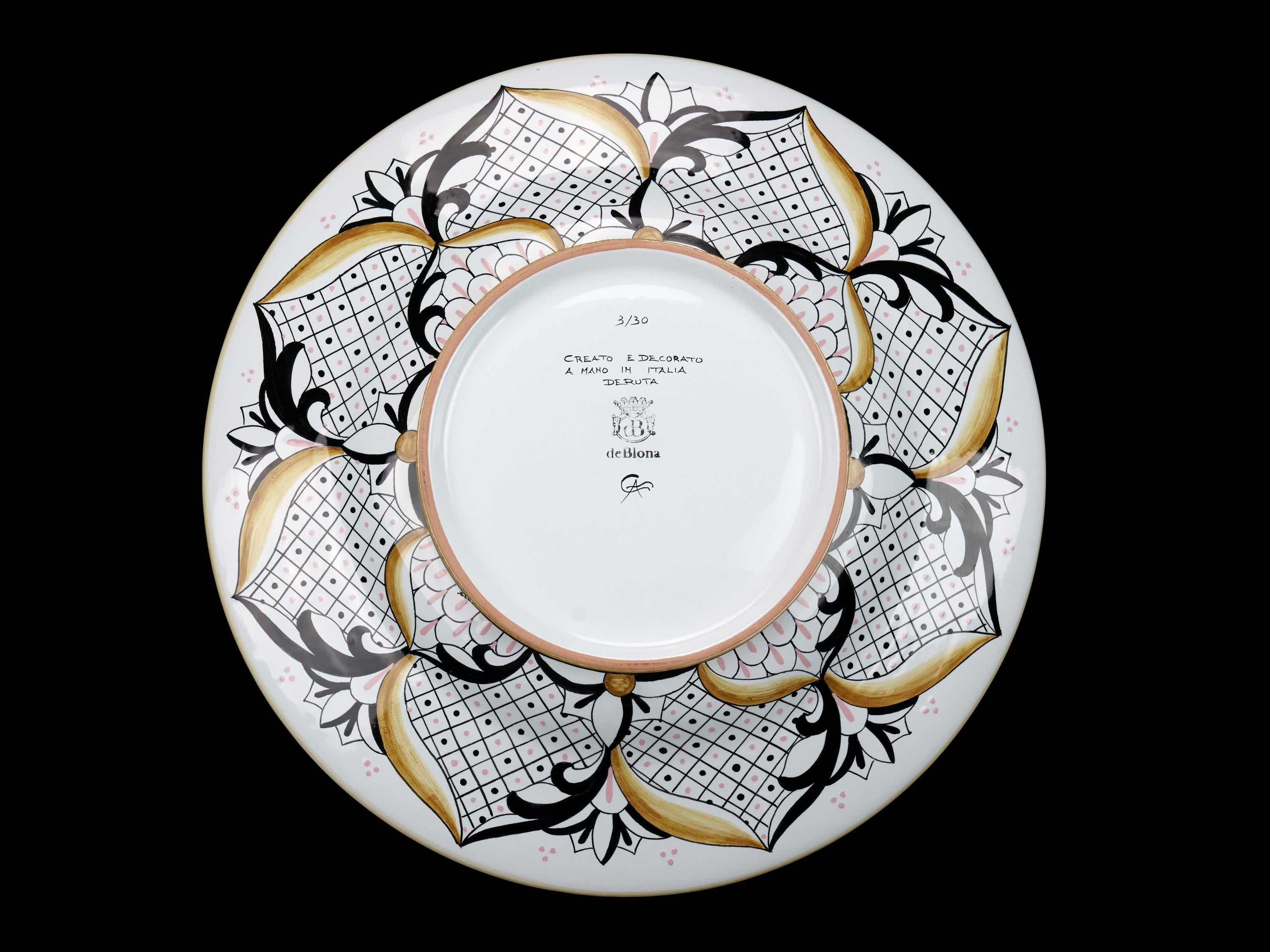 Modern Large Ceramic Plate, Decorative Majolica Bowl Centerpiece, Pink White, In Stock For Sale