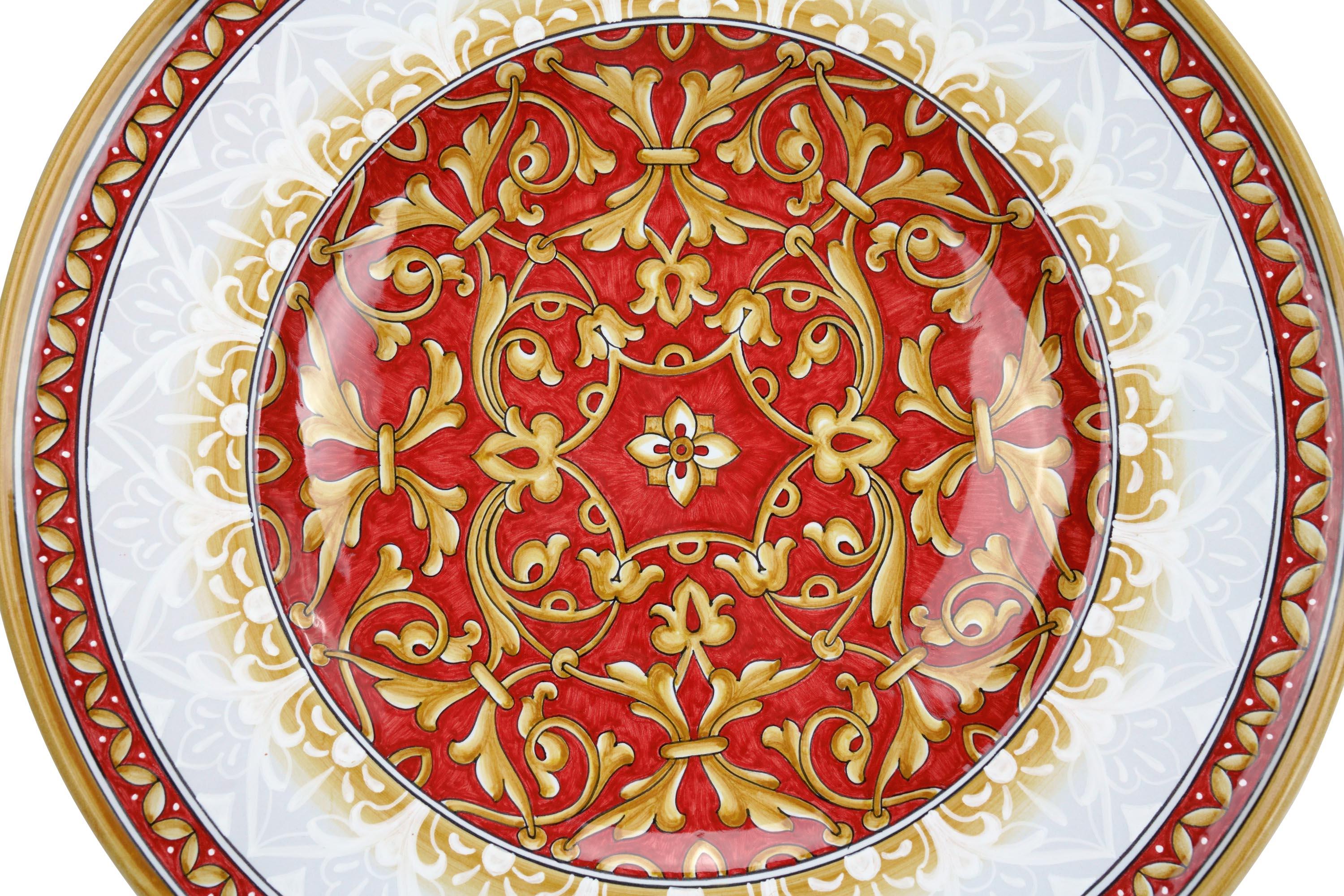 Ceramic Plate Centerpiece Tray Bowl Decorated Ornament, Wall Dish Majolica Red, In Stock For Sale
