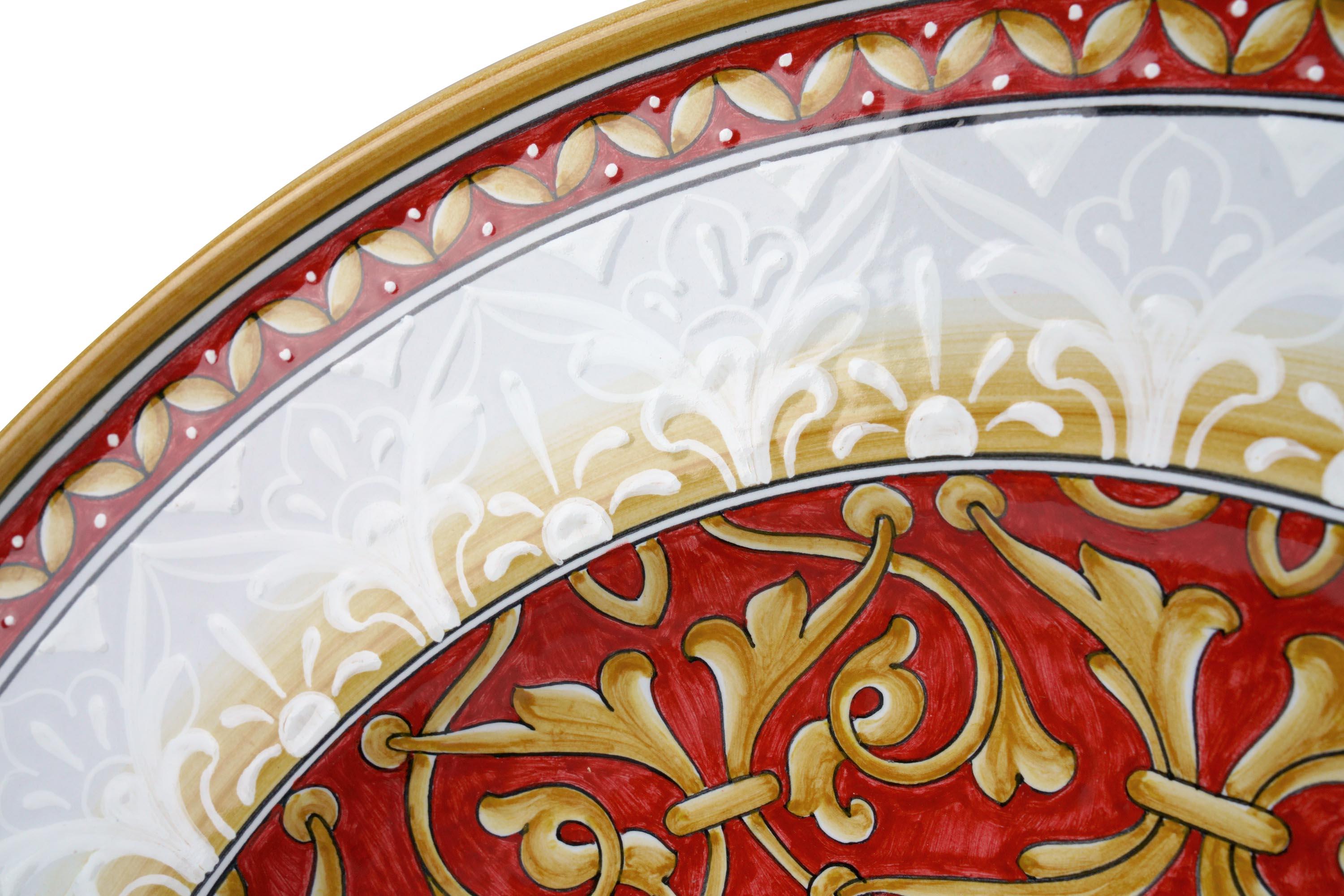 Plate Centerpiece Tray Bowl Decorated Ornament, Wall Dish Majolica Red, In Stock For Sale 4