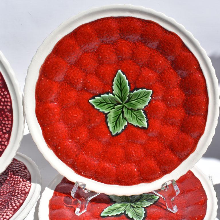 Art Nouveau Ceramic Majolica Decorative Round Fruit Plates, Set of 7, Portugal For Sale