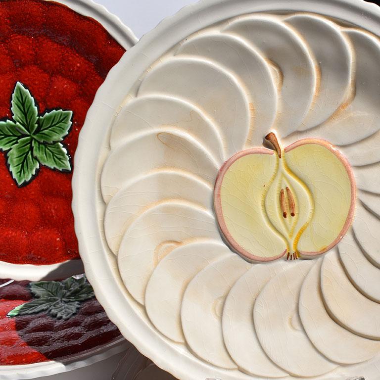 Glazed Ceramic Majolica Decorative Round Fruit Plates, Set of 7, Portugal For Sale