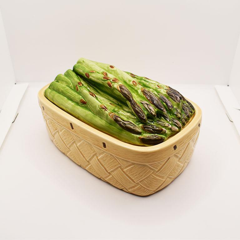 Glazed Ceramic Majolica Rectangular Asparagus Serving Dish with Lid, Mexico For Sale