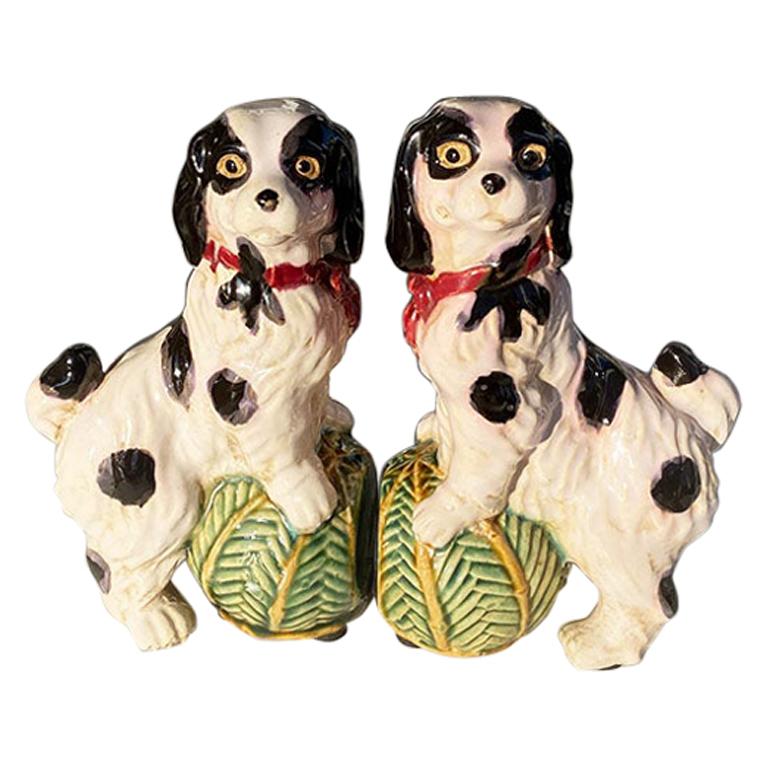 Ceramic Majolica Staffordshire Painted English Cavalier Dog Bookends - a Pair