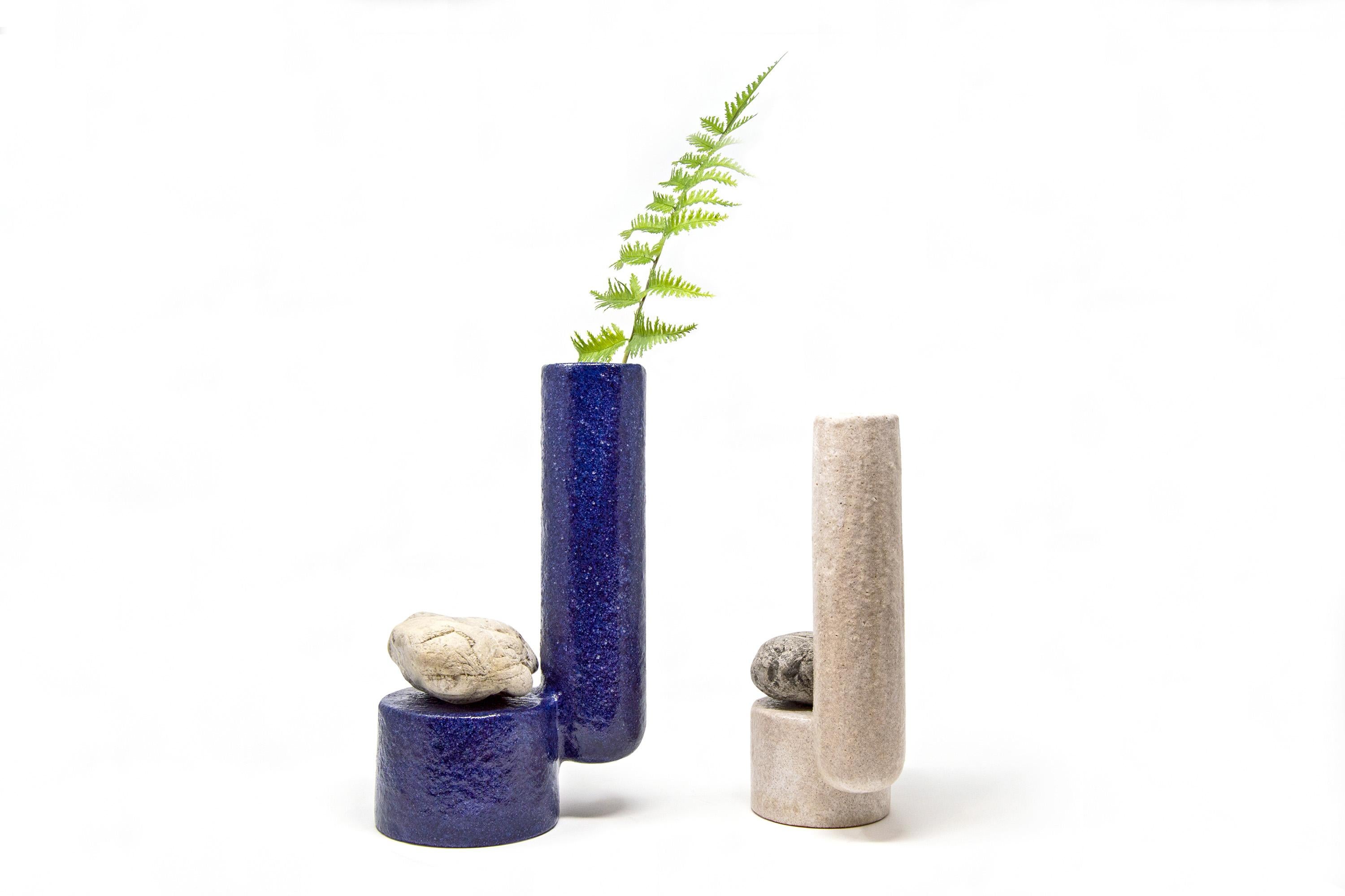 Italian Ceramic Material Vase with Sea Stone 'Libra L Blue' Made in Italy