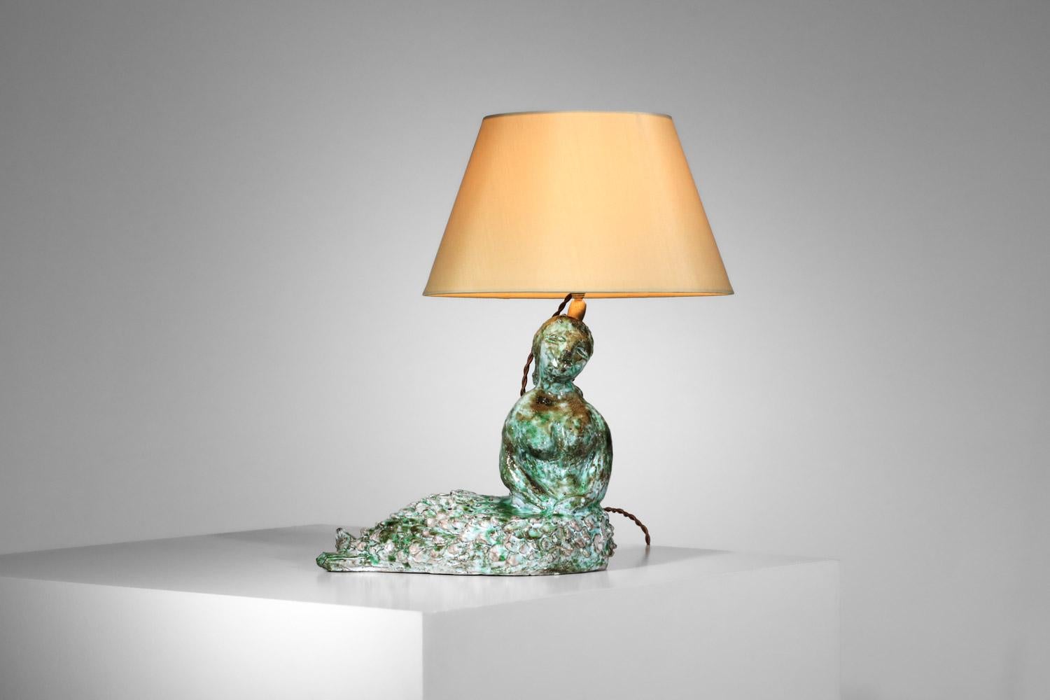 Hand-Crafted Ceramic mermaid lamp attributed to Guidette Carbonell 