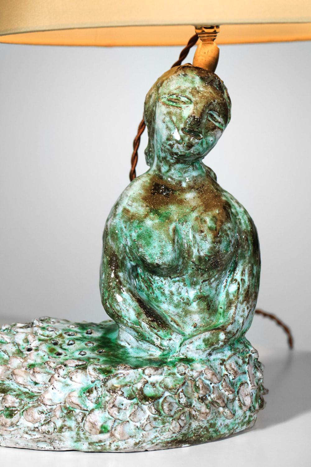 Ceramic mermaid lamp attributed to Guidette Carbonell  In Good Condition In Lyon, FR