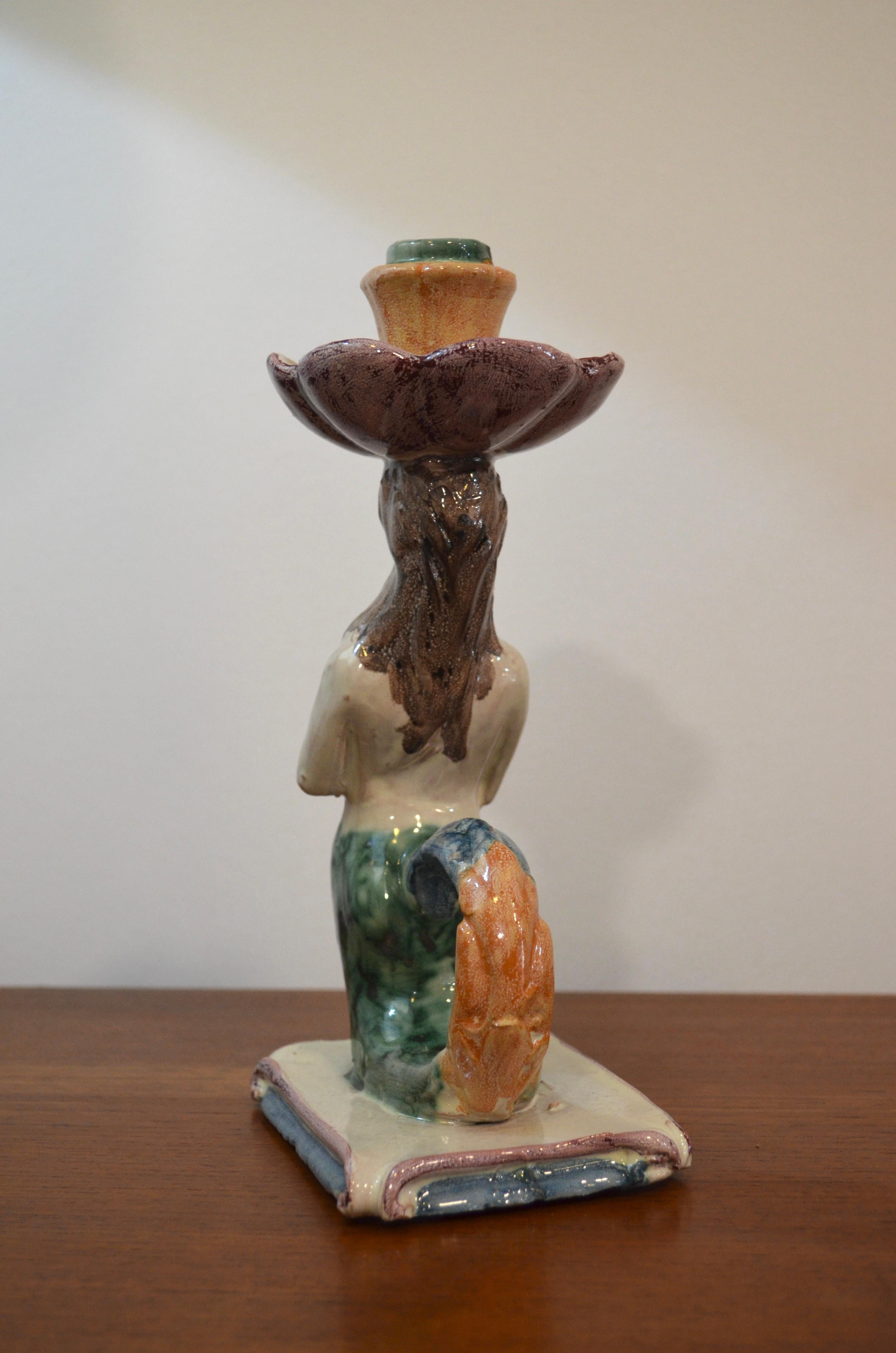 Metà XX secolo Statuetta di sirena in ceramica / portacandele, Italia in vendita