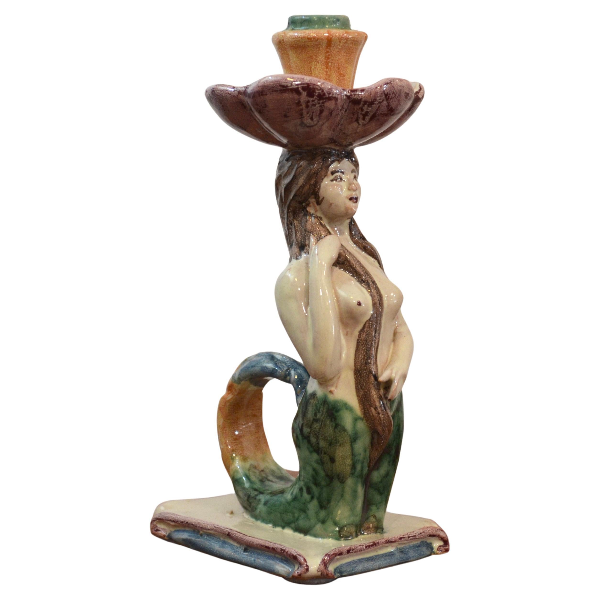 Statuetta di sirena in ceramica / portacandele, Italia