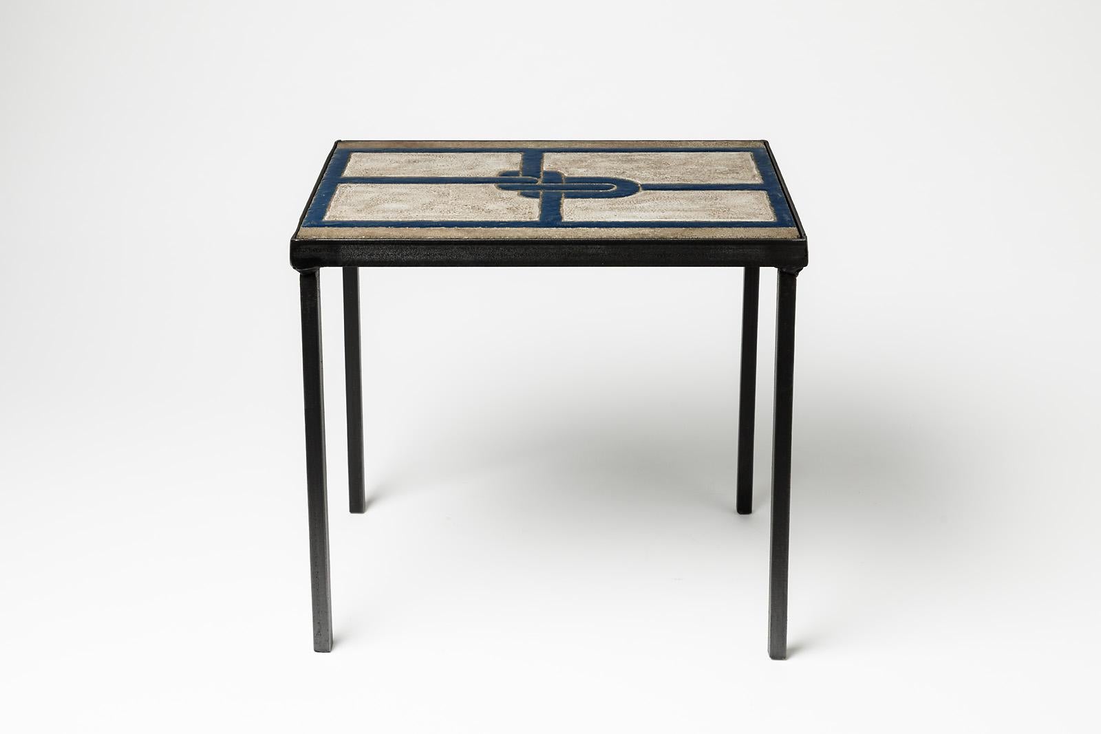 Ceramic Midcentury Low Coffee or Sofa Table Grey and Blue Decoration, 1970 In Excellent Condition In Neuilly-en- sancerre, FR
