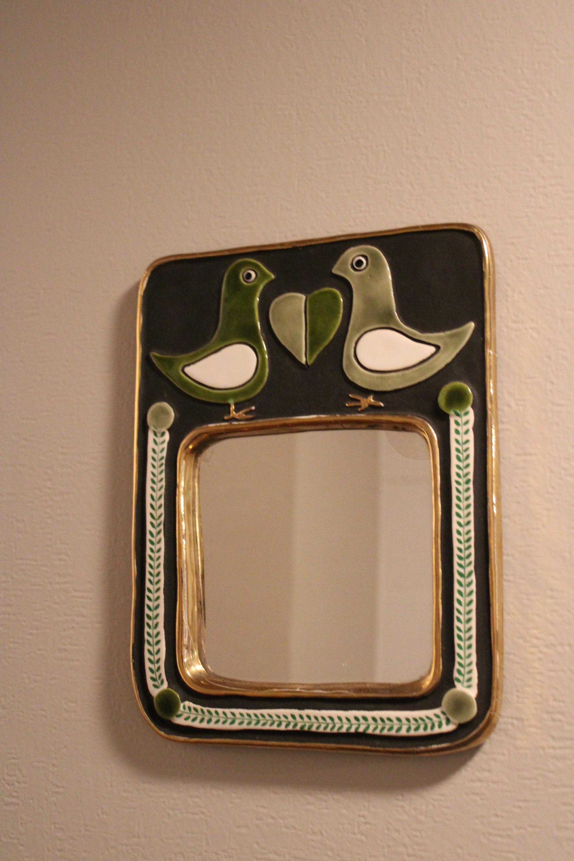 Ceramic Miroir by Mithe Espelt
Representing 2 birds 
France, circa 1960
