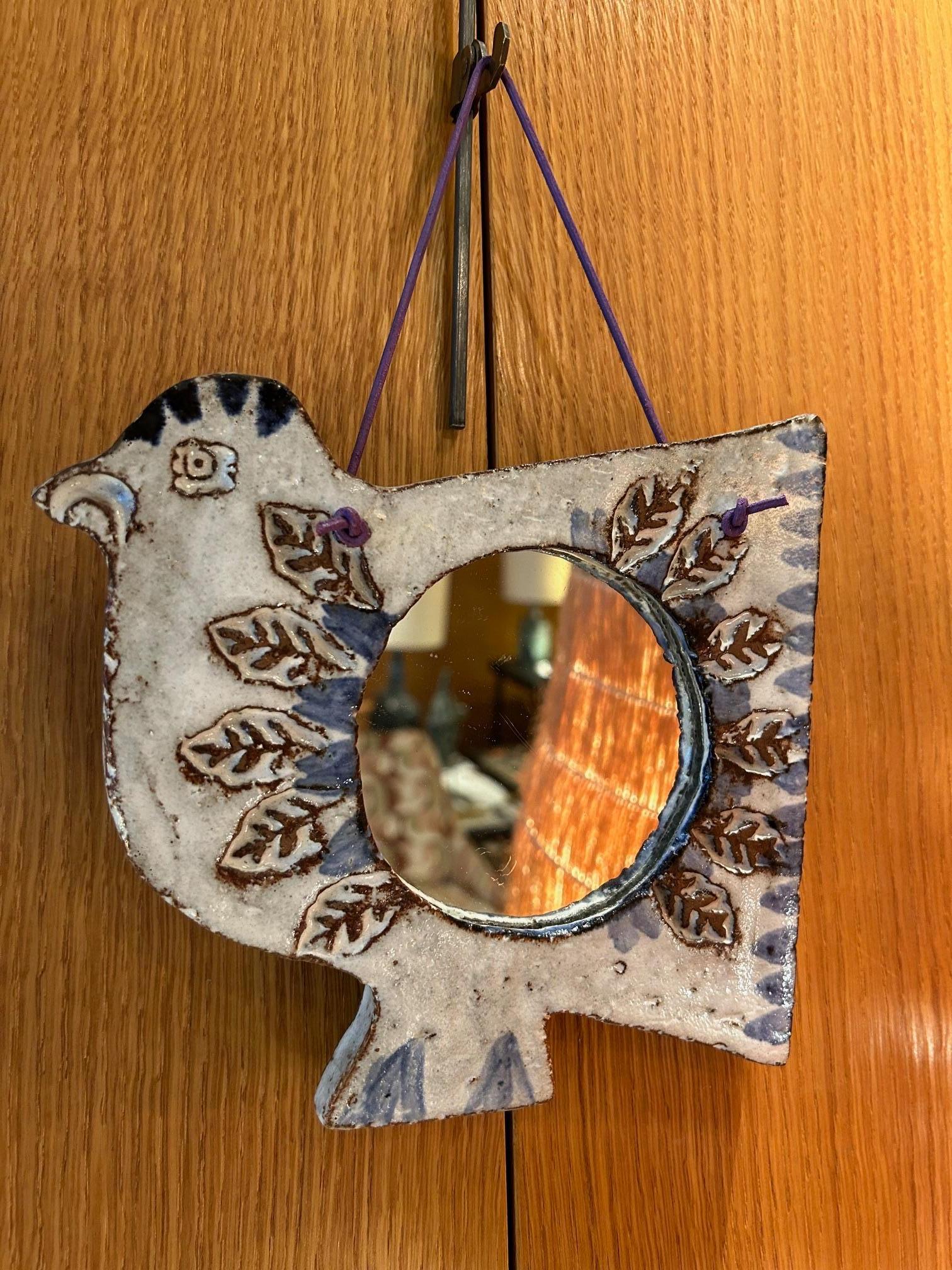Ceramic bird mirror by Albert Thiry, France, 1960's, leather hang