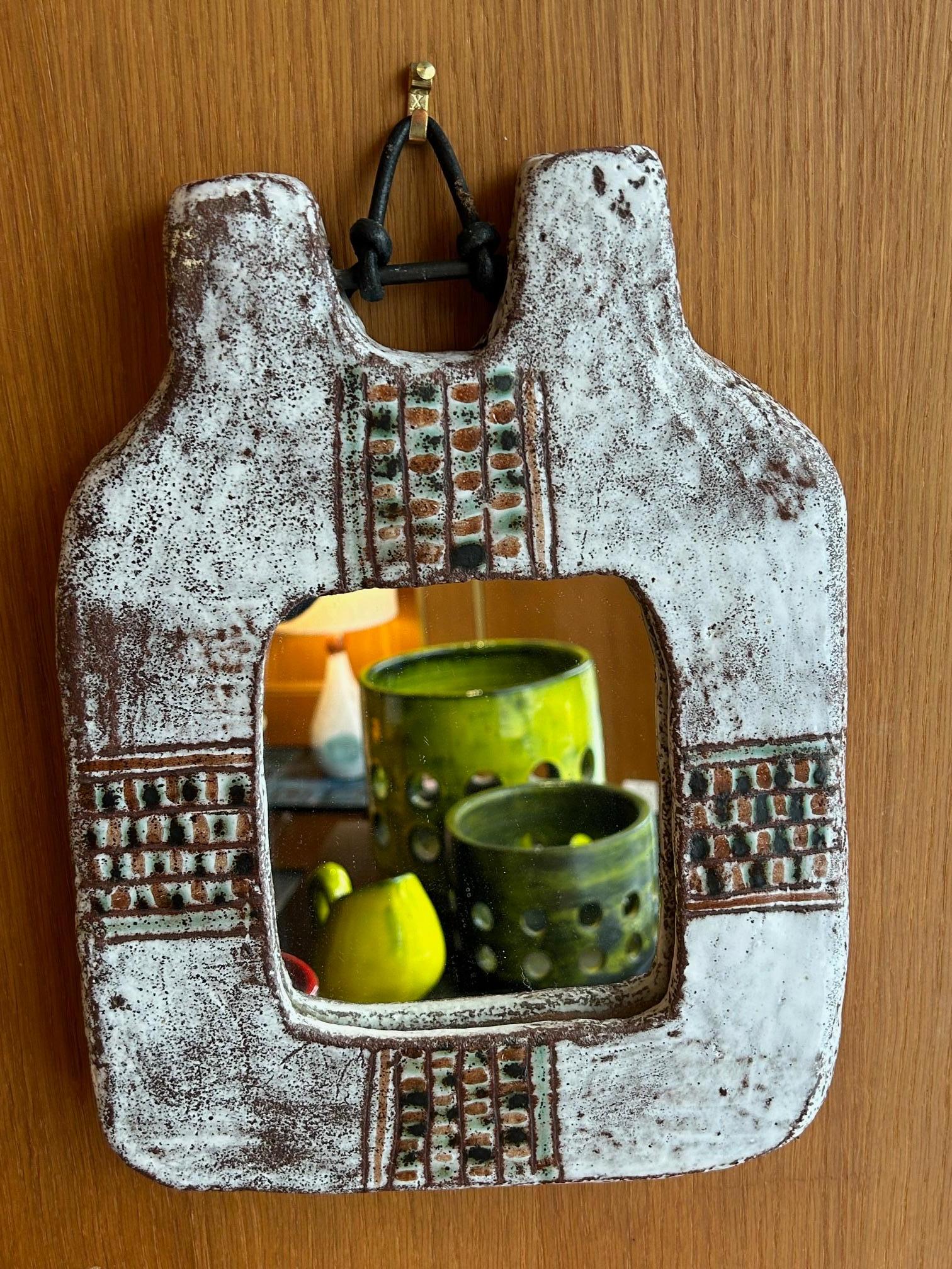 Ceramic mirror by Claudie et Jean Rivier, France, 1960's In Good Condition For Sale In Paris, FR